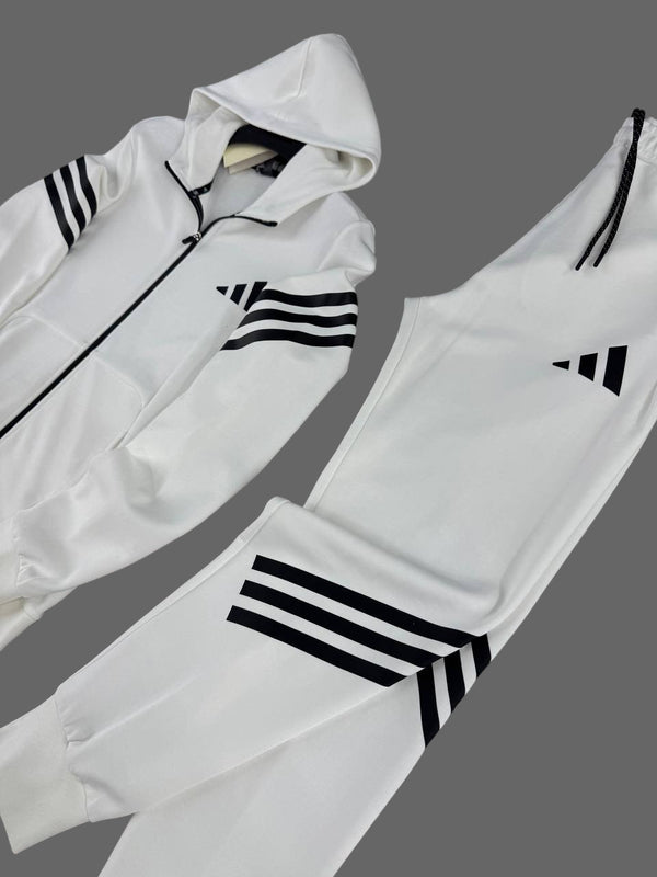 Dres męski Adidas, biały, z czarnymi liniami i czarnym logo