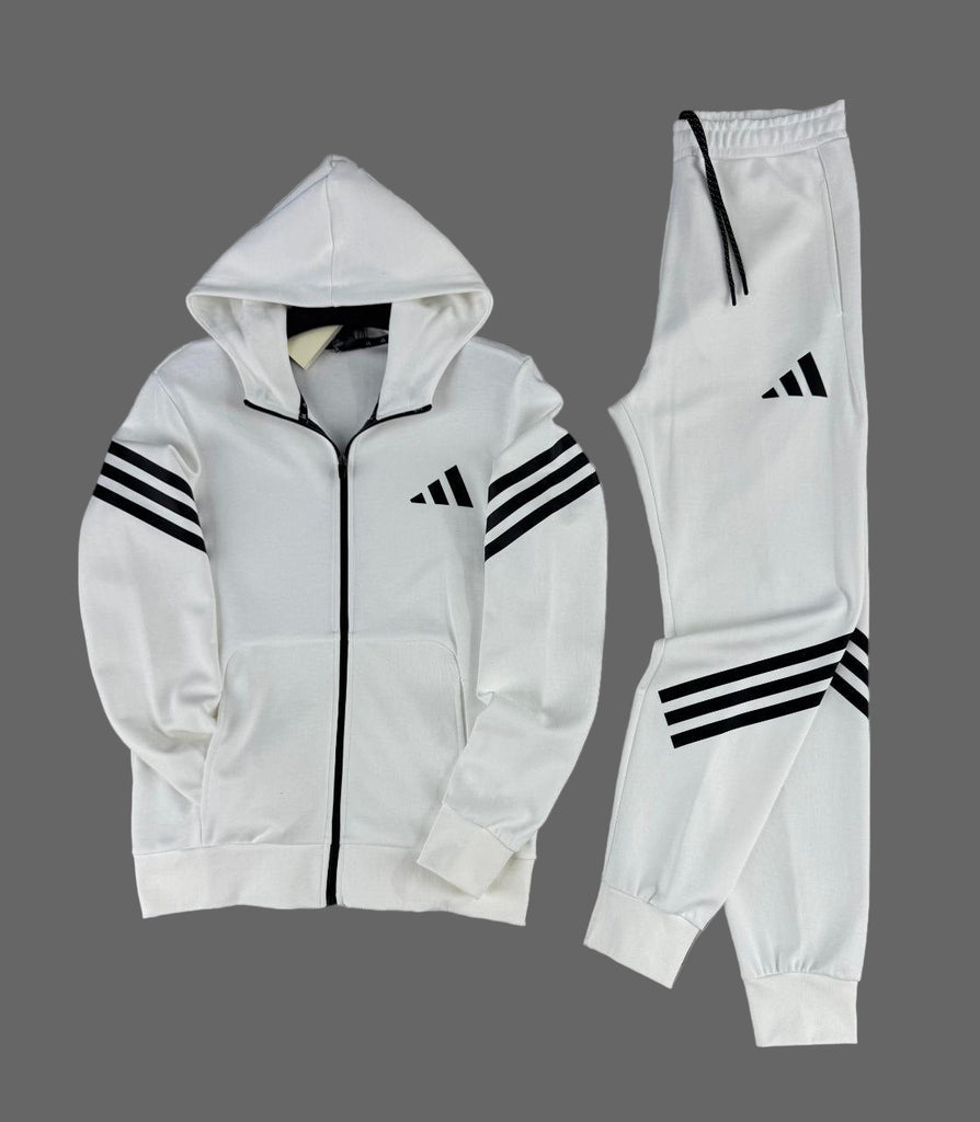 Dres męski Adidas, biały, z czarnymi liniami i czarnym logo