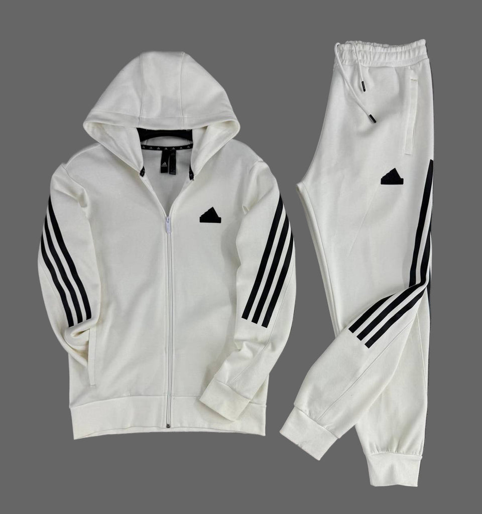 Męski dres Adidas, ekrú z pionowymi czarnymi paskami