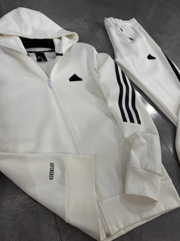 Męski dres Adidas, ekrú z pionowymi czarnymi paskami