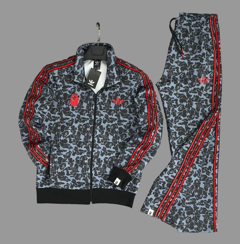 Męski komplet dresowy Adidas, czarno-szary z trzema czerwonymi paskami