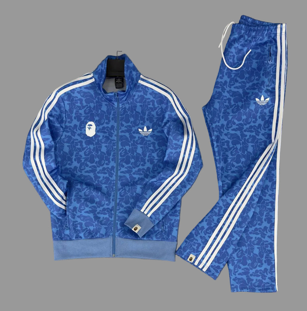 Męski komplet dresowy Adidas, niebieski z trzema białymi paskami