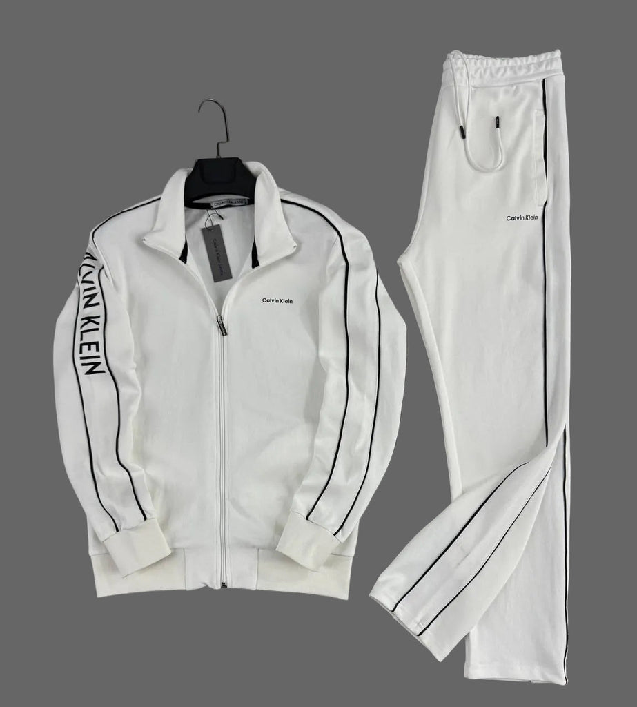 Męski komplet dresowy Calvin Klein, ecru z czarnymi paskami