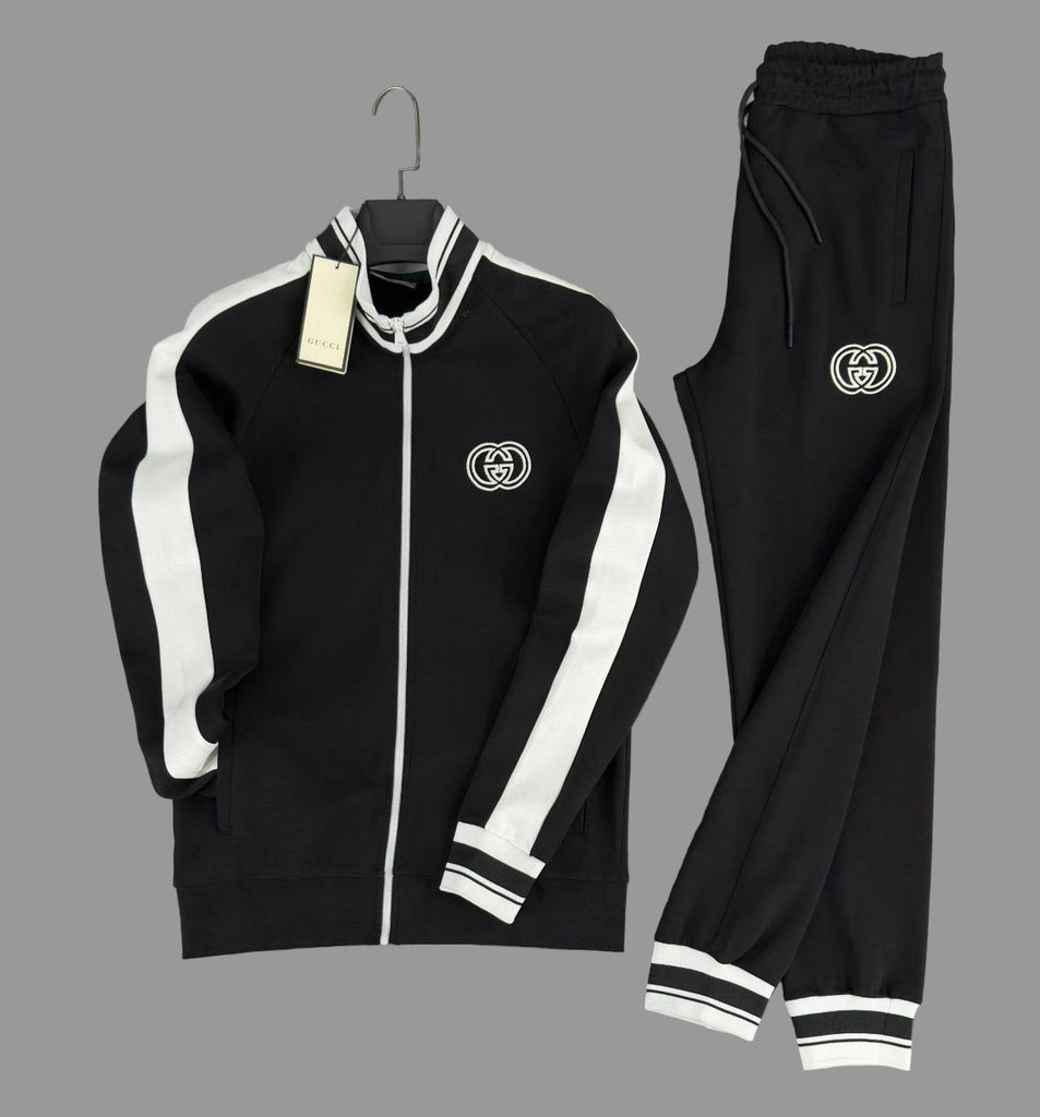 Dres męski Gucci, czarny z białymi paskami. Jakość premium.