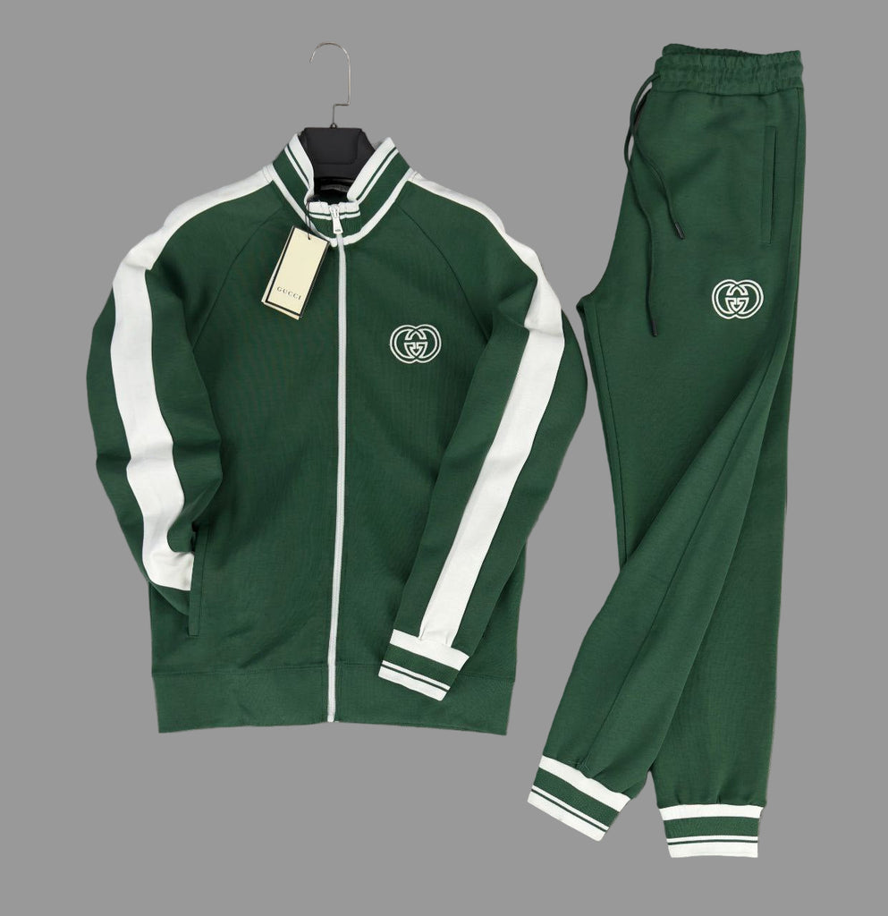 Dres męski Gucci, zielony z białymi paskami. Jakość premium.