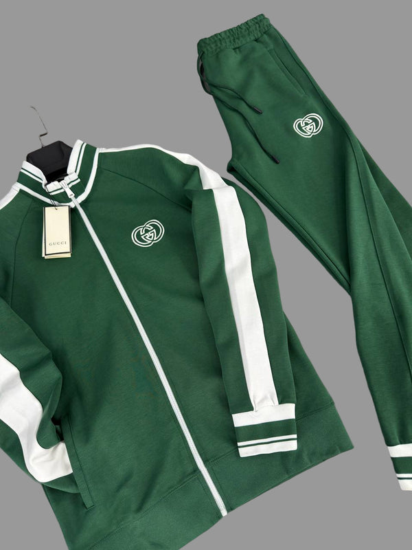 Dres męski Gucci, zielony z białymi paskami. Jakość premium.