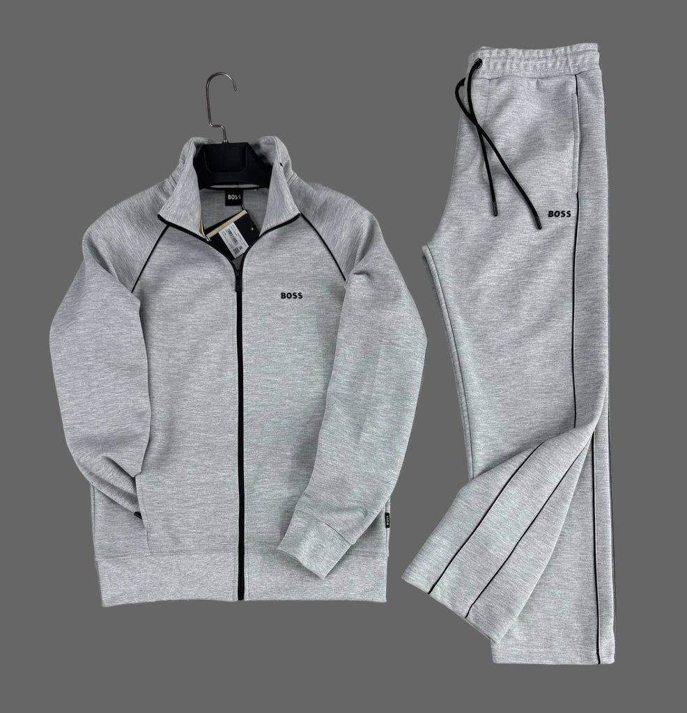 Komplet sportowy męski BOSS, klasyczny szary z czarnymi paskami i prostymi nogawkami
