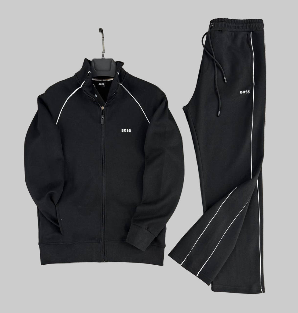 Komplet sportowy męski BOSS, czarny z białymi paskami i prostymi nogawkami