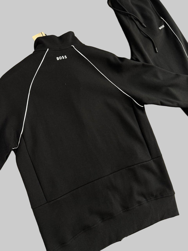 Komplet sportowy męski BOSS, czarny z białymi paskami i prostymi nogawkami