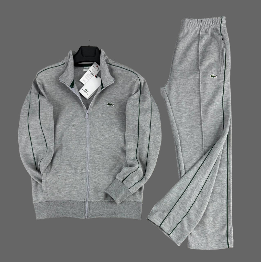Dres męski Lacoste, klasyczny szary z zielonymi paskami i prostymi nogawkami