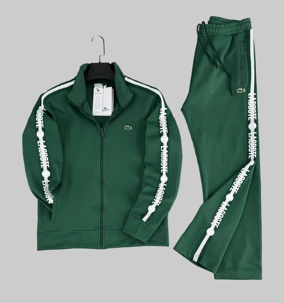 Męski dres Lacoste, zielony z białą taśmą z logo – spodnie o prostym kroju