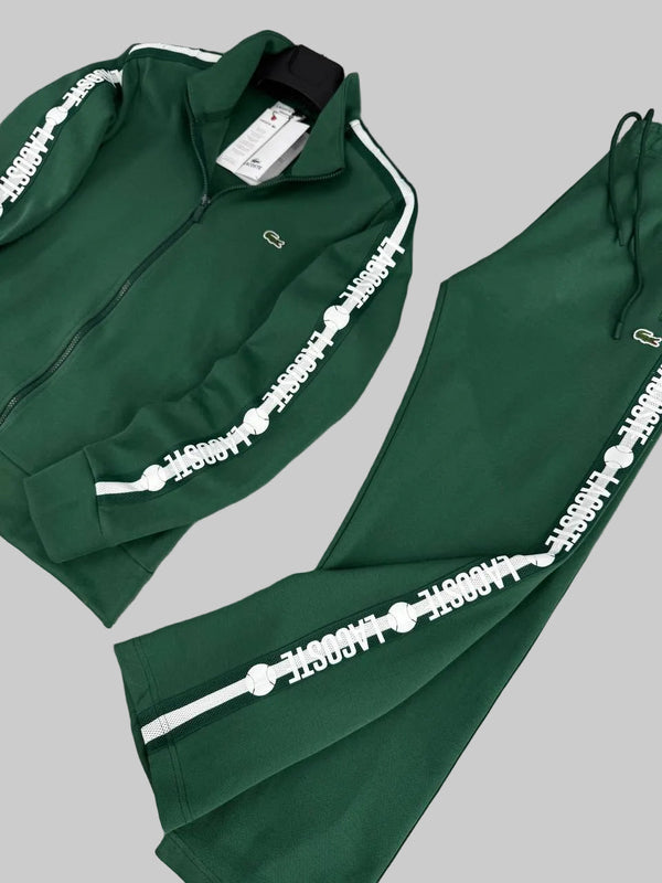 Męski dres Lacoste, zielony z białą taśmą z logo – spodnie o prostym kroju