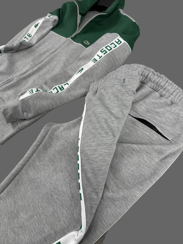 Męski dres Lacoste, zielono-szary z białą taśmą z logo – spodnie o prostym kroju