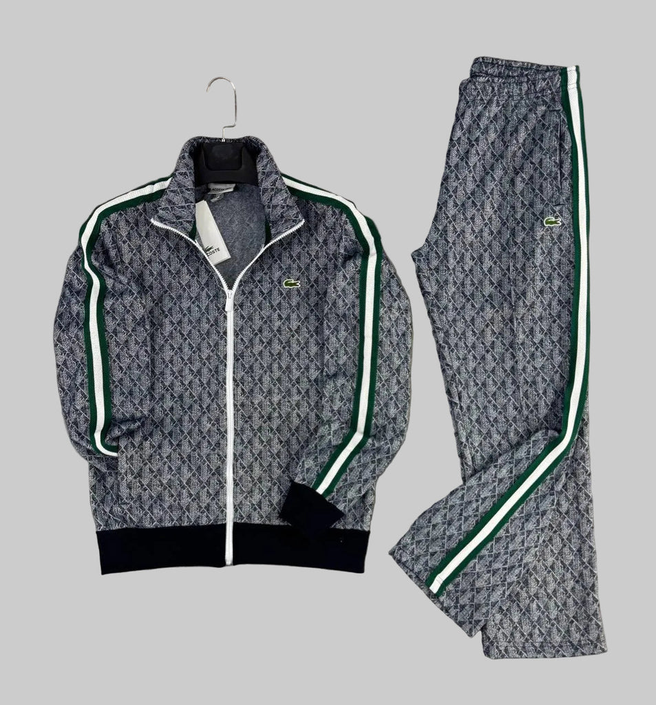 Męski dres Lacoste, jacquard monogram, czarno-biały z białymi i zielonymi paskami