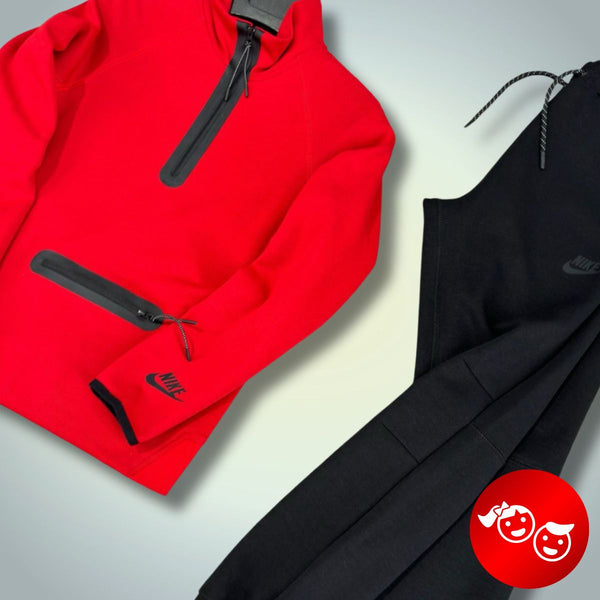 Dres dziecięcy Nike Tech Fleece, czerwono-czarny. Model 2024. Najwyższa jakość