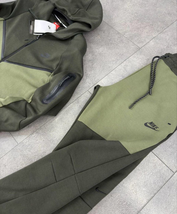 Dres męski Nike Tech Fleece, głęboka zieleń z oliwkową zielenią. Model 2024. Jakość premium.
