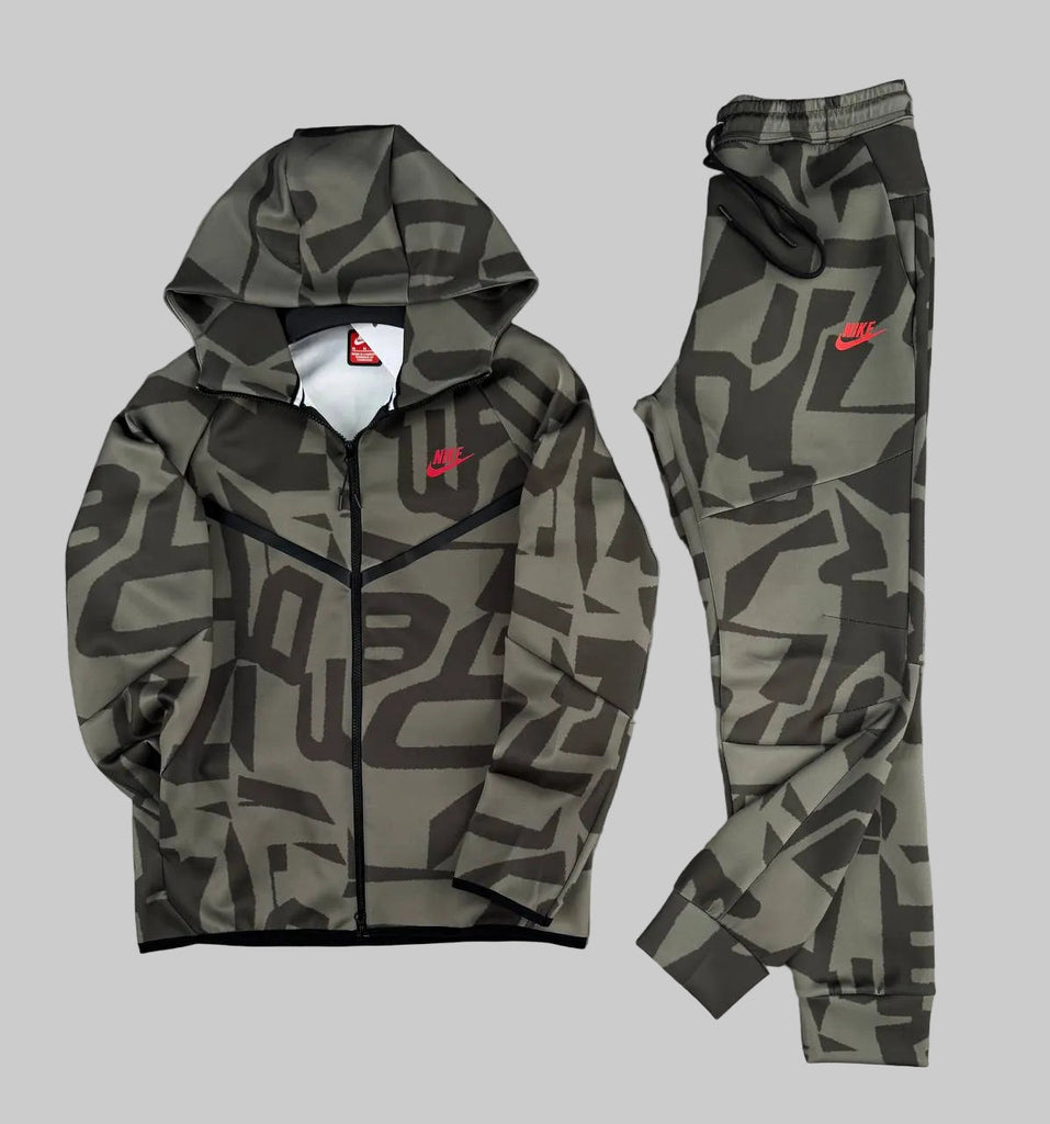 Męski dres Nike Tech Fleece, oliwkowo-zielony z brązowymi wzorami