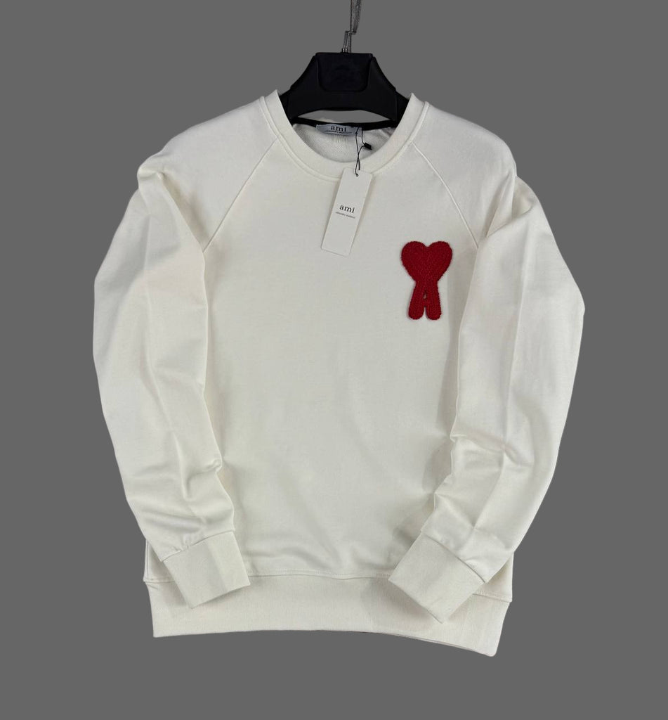 Bluzka męska z długim rękawem AMI, ecru z czerwonym emblematem