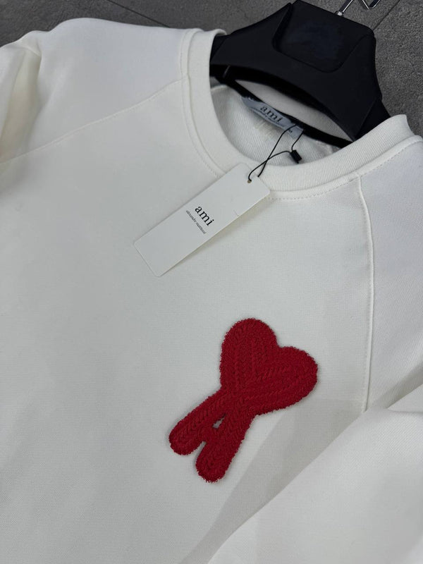 Bluzka męska z długim rękawem AMI, ecru z czerwonym emblematem