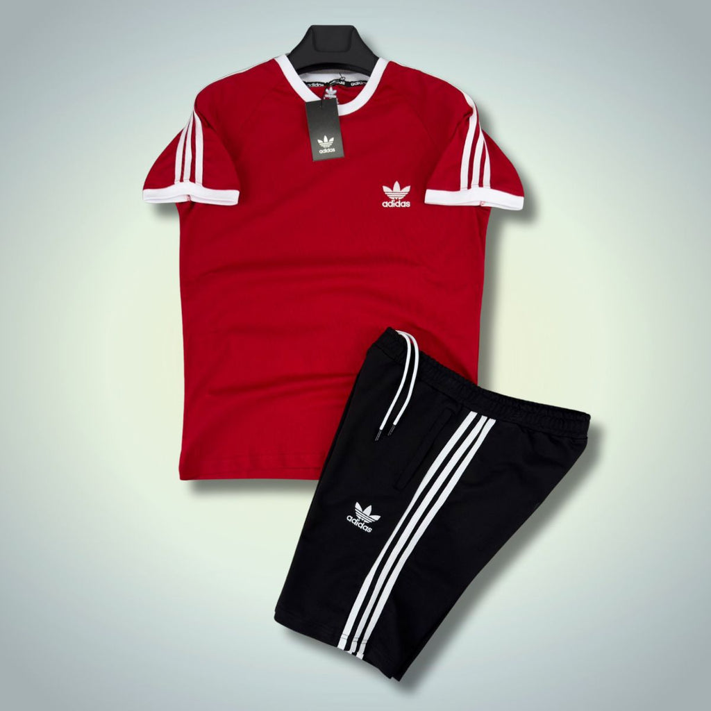 Komplet męski Adidas z szortami, czerwony - czarny. Premium jakość