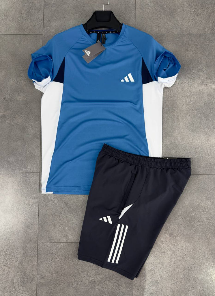 Zestaw męski Adidas składający się z czarnych spodenek i niebieskiego T-shirtu. Jakość premium.