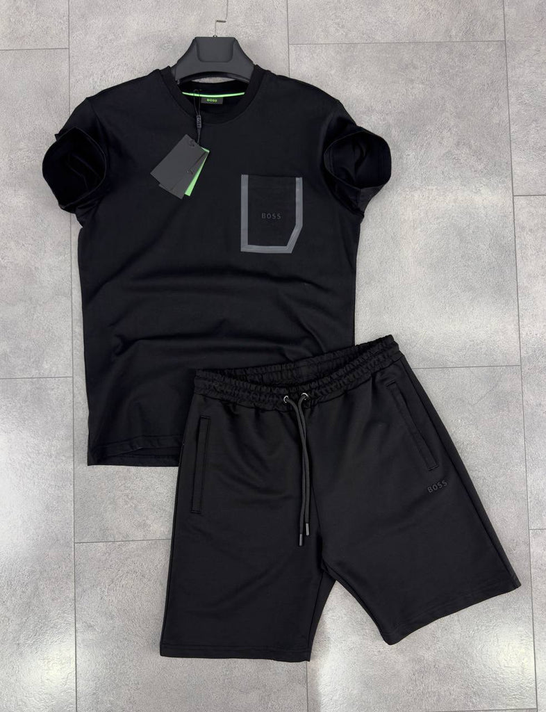 Męski komplet Boss, koszulka z kieszonką i krótkie spodenki, czarny. Jakość premium.