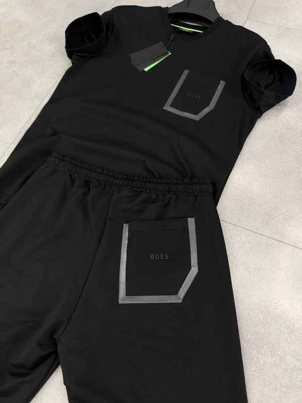 Męski komplet Boss, koszulka z kieszonką i krótkie spodenki, czarny. Jakość premium.