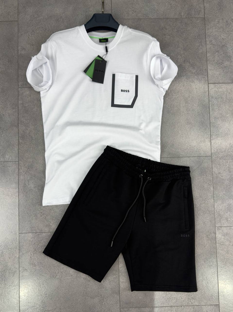 Męski komplet Boss, koszulka z kieszonką i krótkie spodenki, biały i czarny. Jakość premium.