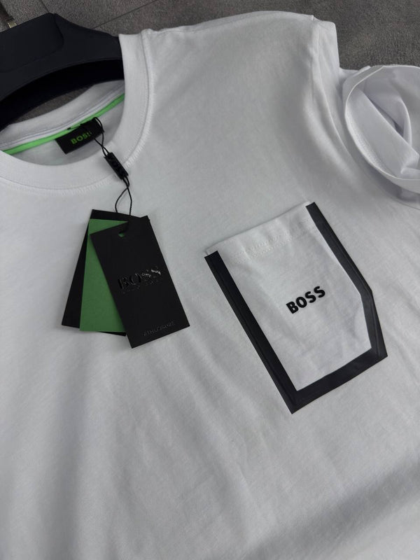 Męski komplet Boss, koszulka z kieszonką i krótkie spodenki, biały i czarny. Jakość premium.