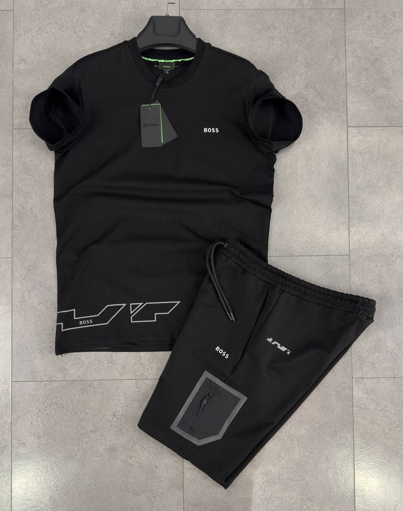 Męski komplet Boss, koszulka i krótkie spodenki, czarny. Jakość premium.