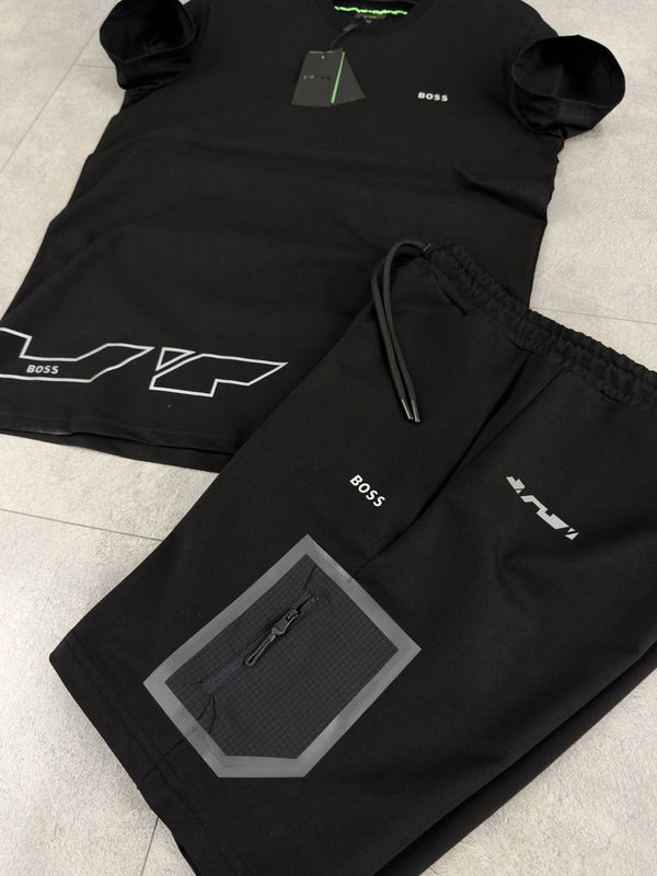 Męski komplet Boss, koszulka i krótkie spodenki, czarny. Jakość premium.