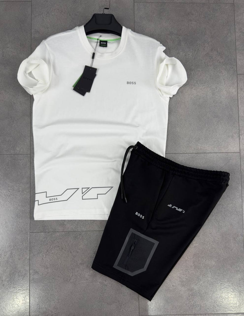 Męski komplet Boss, koszulka i krótkie spodenki, biały i czarny. Jakość premium.