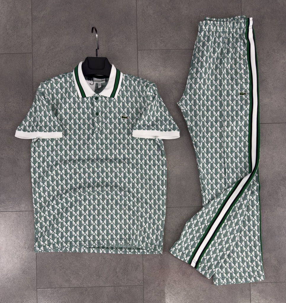 Komplet męski Lacoste, koszula z kołnierzykiem i długie spodnie, jasnozielony z żakardowym monogramem.