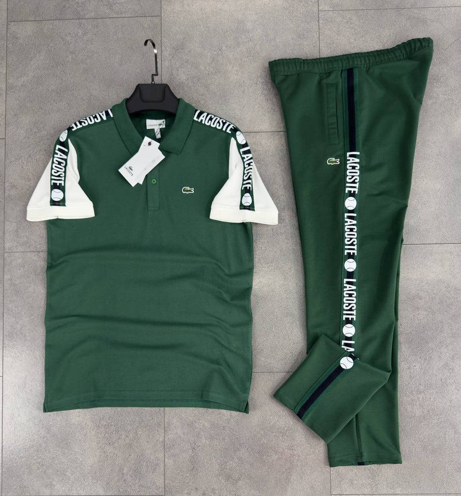 Komplet męski Lacoste, koszulka z kołnierzykiem i długie spodnie, kolor zielony.