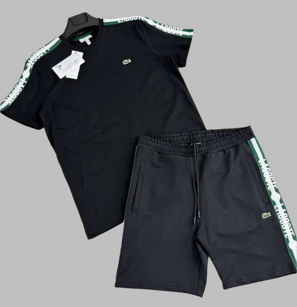 Męski komplet Lacoste, czarny z białymi i zielonymi elementami. Jakość premium.