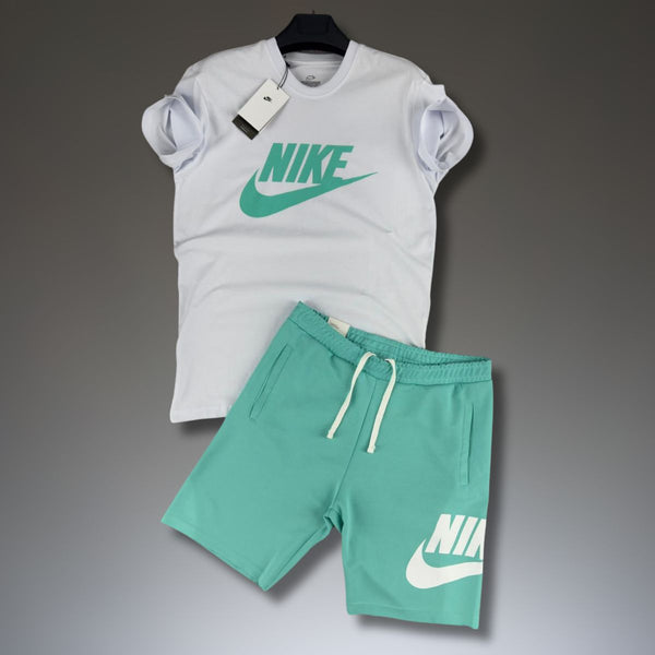 Komplet męski Nike z szortami, biało-turkusowy. Factory outlet