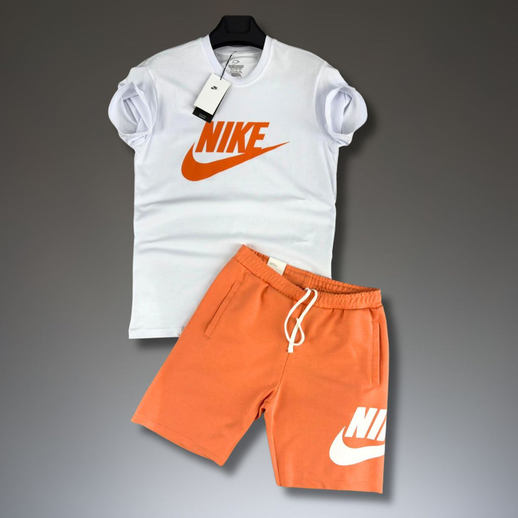 Komplet męski Nike z szortami, biało-pomarańczowy. Factory outlet