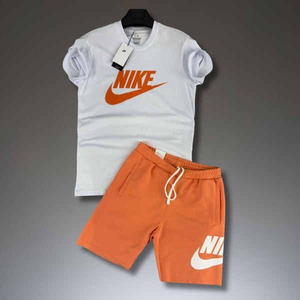 Komplet męski Nike z szortami, biało-pomarańczowy. Factory outlet