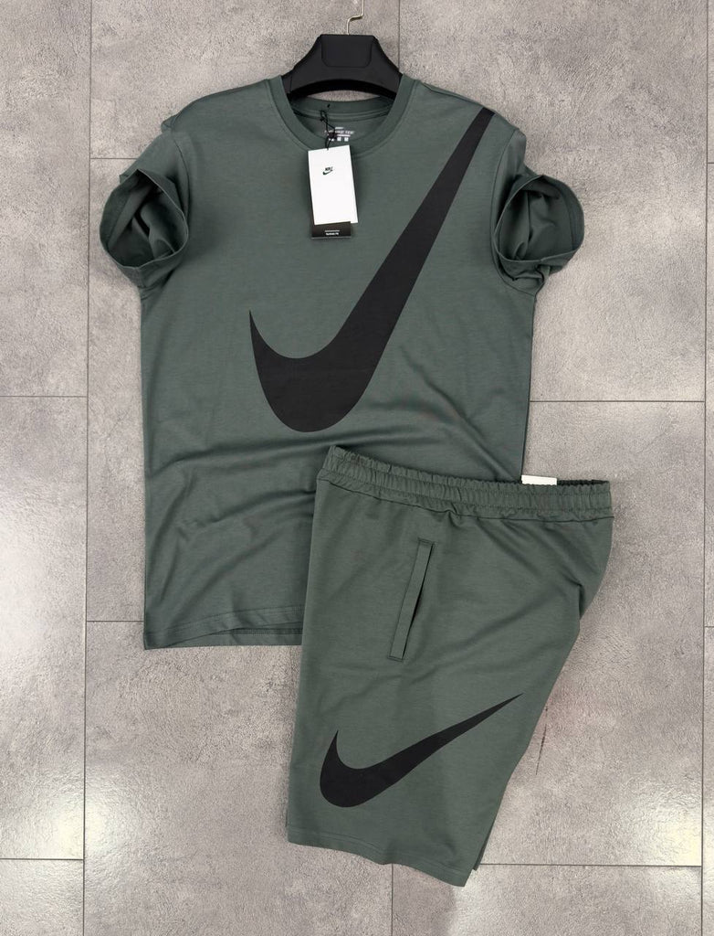 Męski komplet Nike, koszulka i krótkie spodenki szaro-zielony. Jakość premium.
