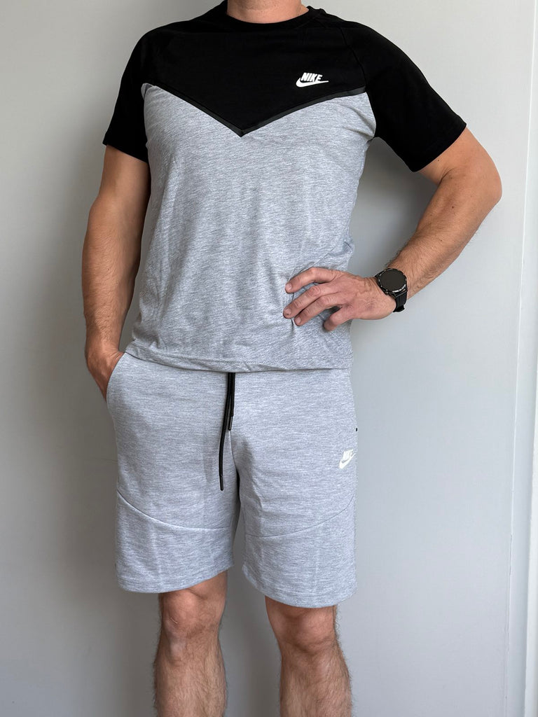 Męski zestaw Nike Tech Fleece, czarno-szara koszulka i szare spodenki. Jakość premium.