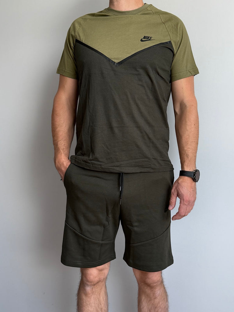 Męski zestaw Nike Tech Fleece, koszulka i spodenki, w kolorze jasnej i ciemnej oliwkowej zieleni. Jakość premium.