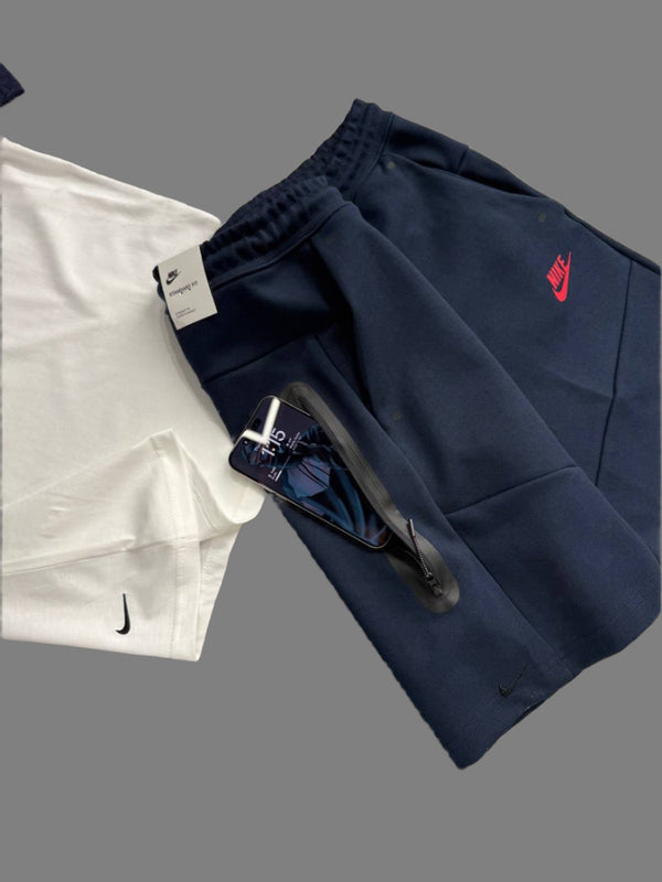 Męski zestaw Nike Tech Fleece – koszulka i szorty, granatowy i biały. Wysoka jakość premium.