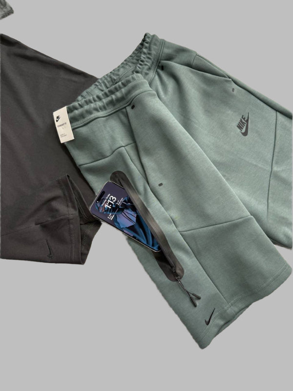 Męski zestaw Nike Tech Fleece – koszulka i szorty, szaro-zielony i grafitowy. Wysoka jakość premium.