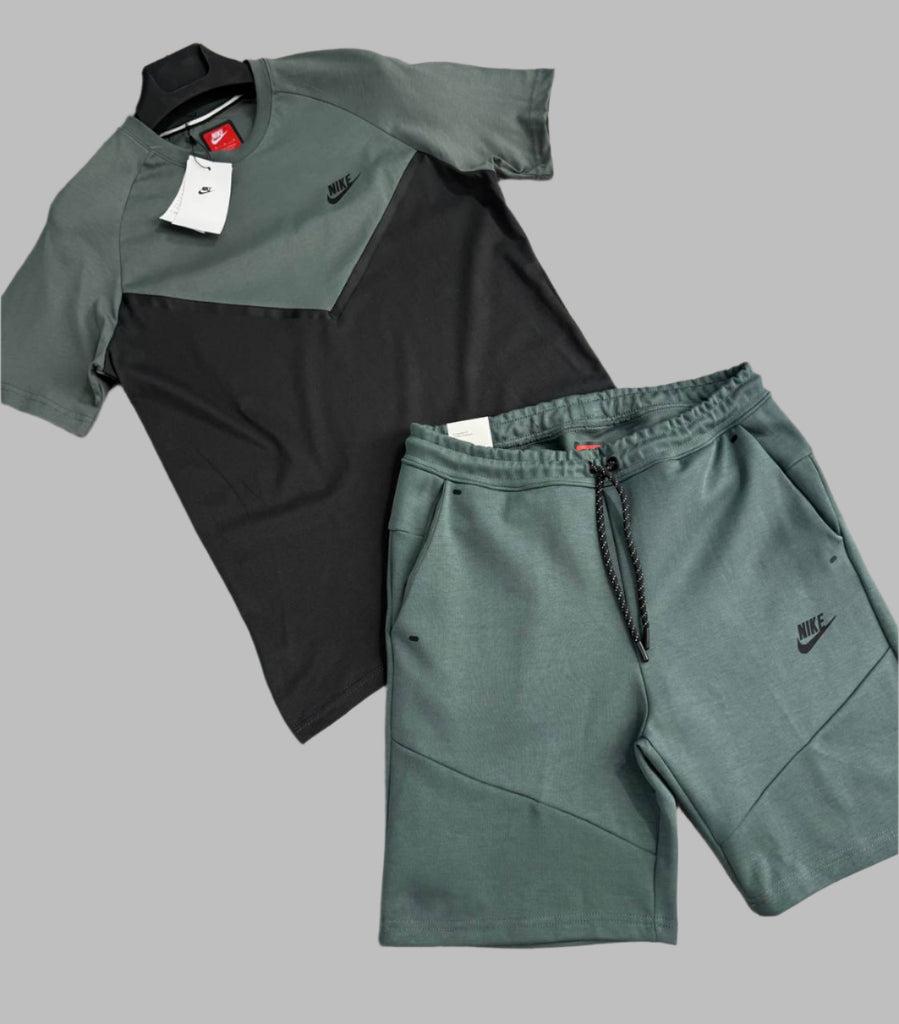 Męski zestaw Nike Tech Fleece – koszulka i szorty, szaro-zielony i grafitowy. Wysoka jakość premium.