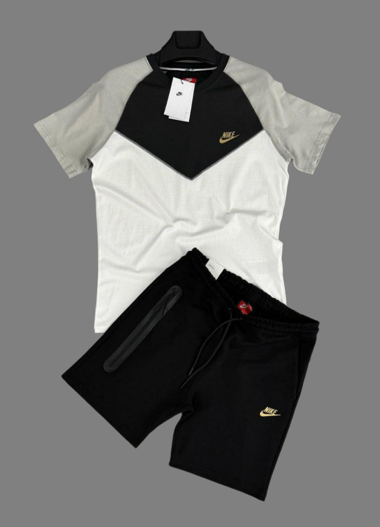 Męski komplet Nike Tech Fleece, t-shirt w kolorze ecru, szaro-czarnym i czarne spodenki. Najwyższa jakość.