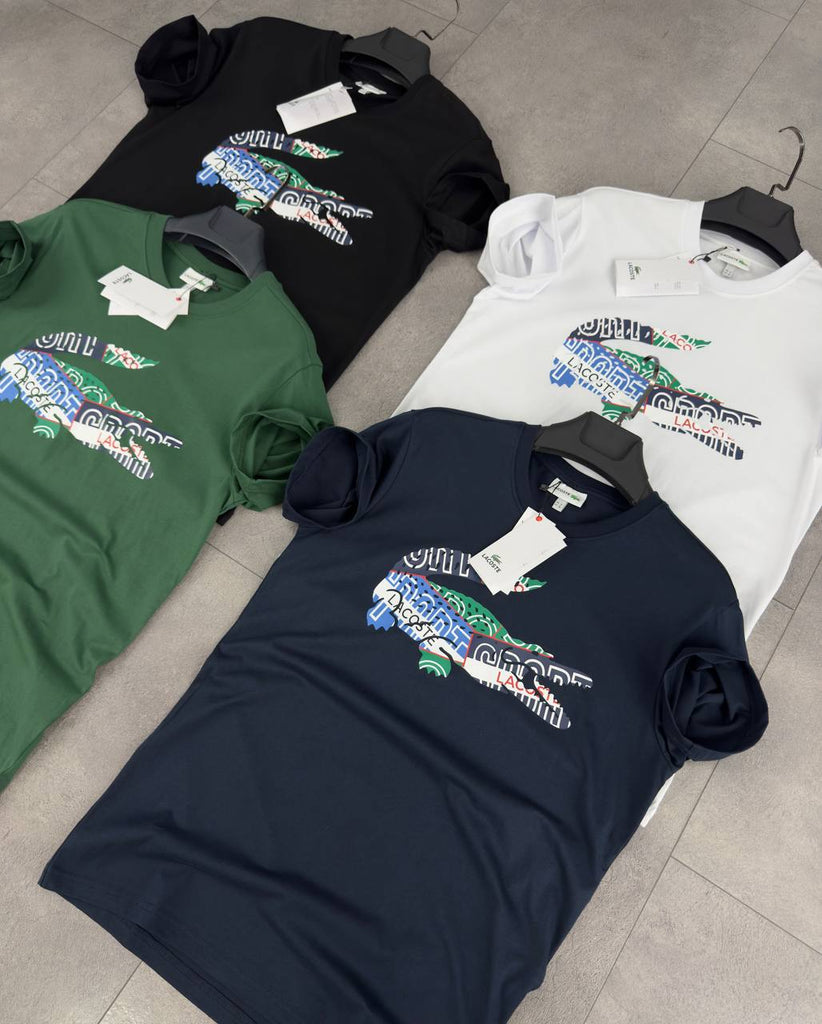 Męska koszulka Lacoste, z kolorowym dużym nadrukiem krokodyla – zielony. Jakość premium.