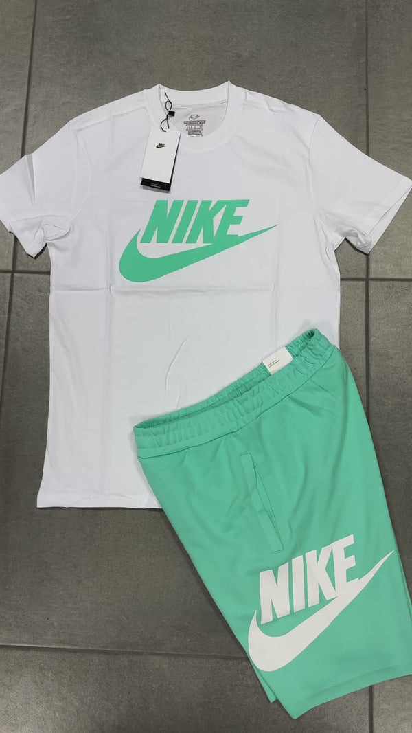 Komplet męski Nike z szortami, biało-turkusowy. Factory outlet