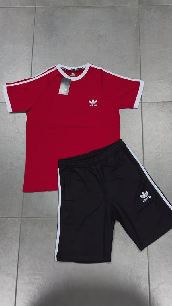 Komplet męski Adidas z szortami, czerwony - czarny. Premium jakość