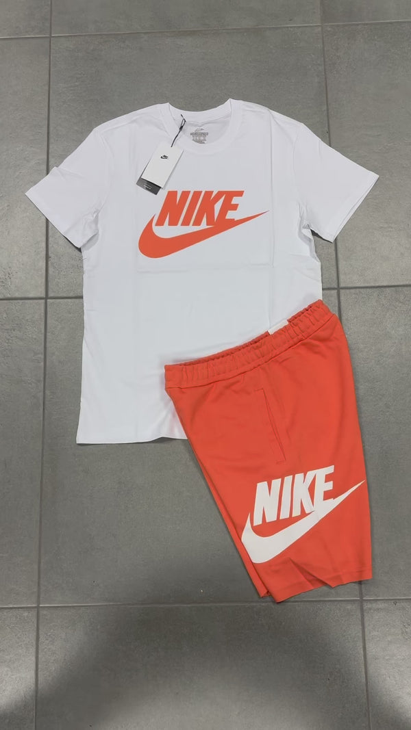 Komplet męski Nike z szortami, biało-pomarańczowy. Factory outlet